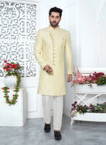 Thumbnail for Raivat Ethnic Mens Art Silk Thread Work Indo Western In Yellow Colour - Dista
