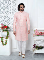 Thumbnail for Raivat Ethnic Mens Art Silk Thread Work Indo Western In Pink Colour - Dista