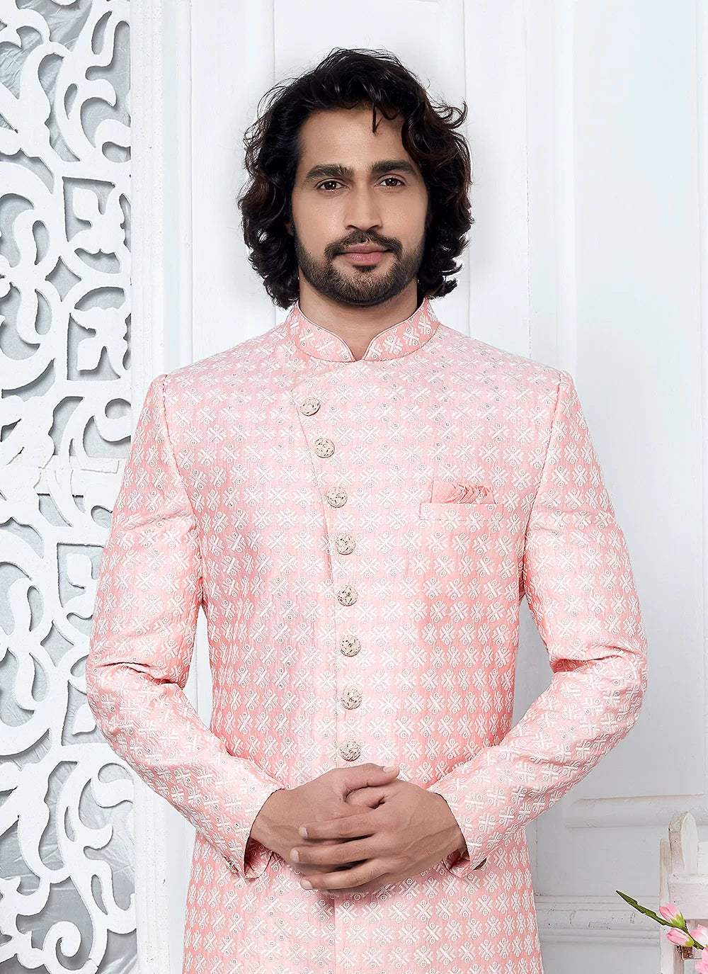 Raivat Ethnic Mens Art Silk Thread Work Indo Western In Pink Colour - Dista