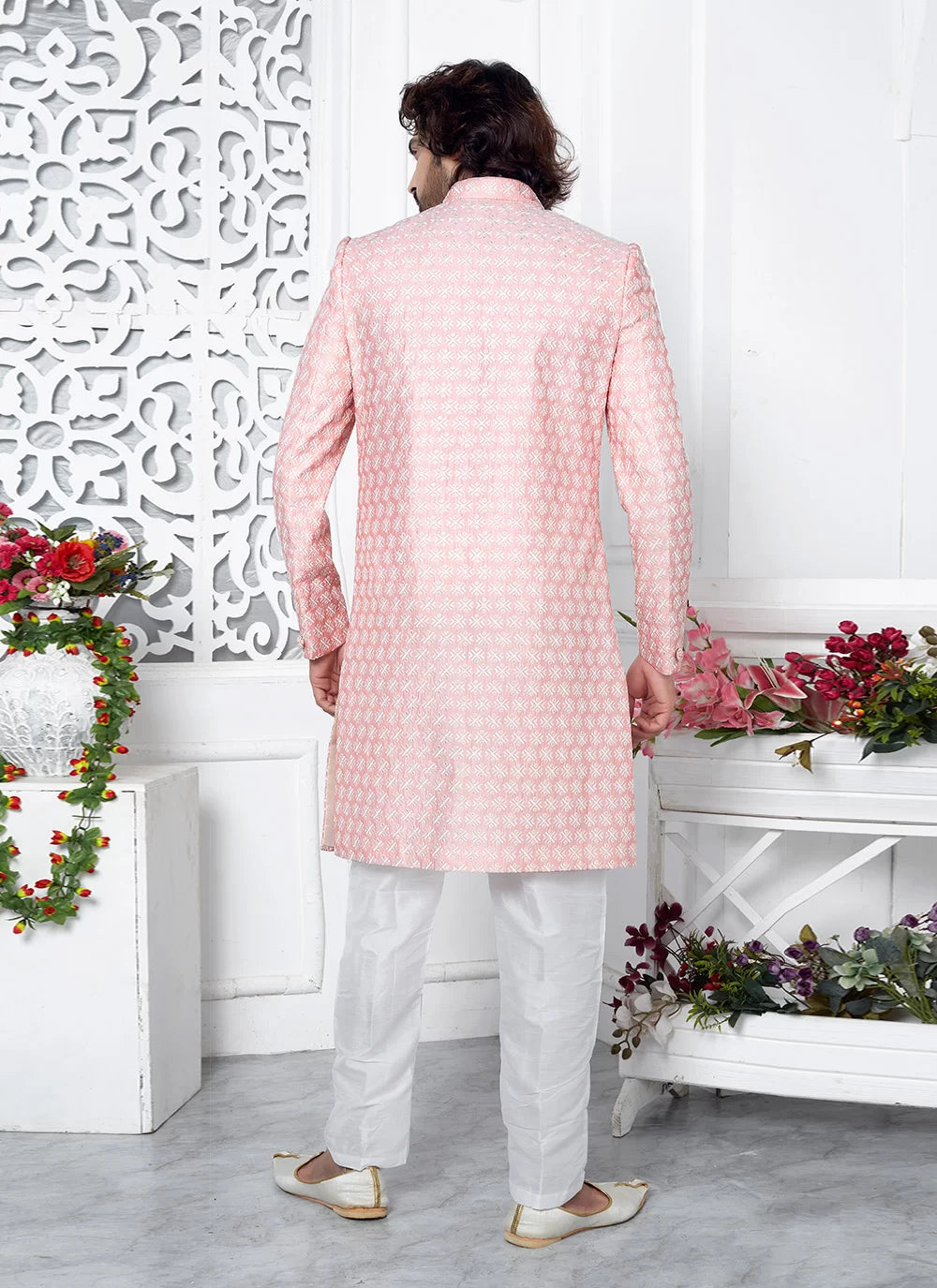 Raivat Ethnic Mens Art Silk Thread Work Indo Western In Pink Colour - Dista