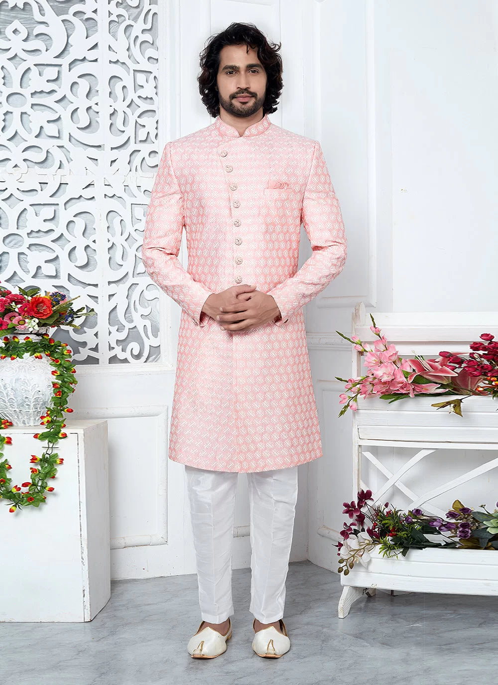 Raivat Ethnic Mens Art Silk Thread Work Indo Western In Pink Colour - Dista