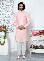 Thumbnail for Raivat Ethnic Mens Art Silk Thread Work Indo Western In Pink Colour - Dista