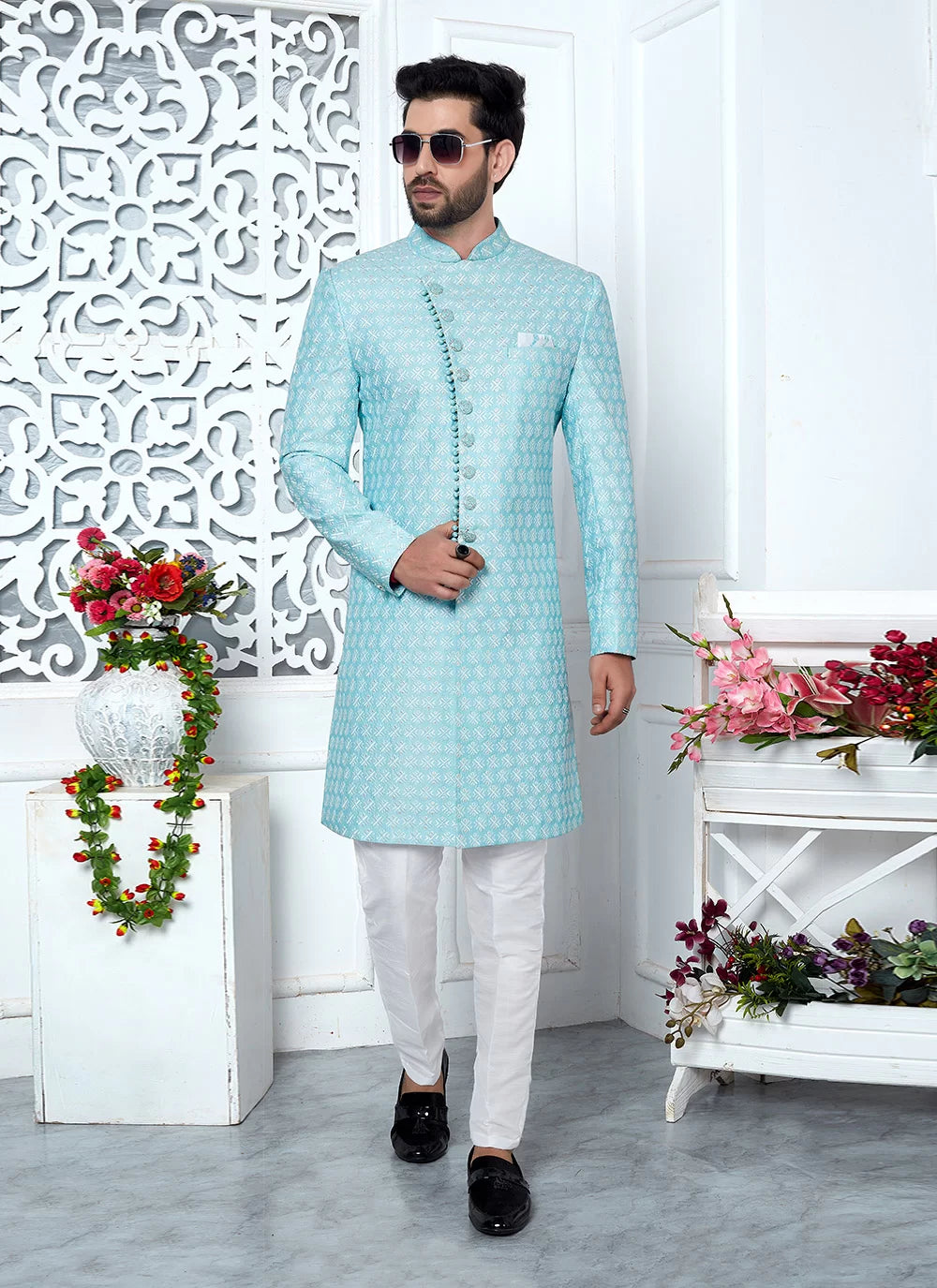 Raivat Ethnic Mens Art Silk Thread Work Indo Western In Blue Colour - Dista