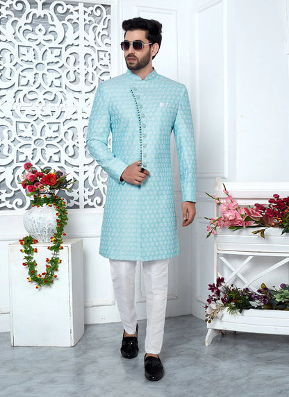 Raivat Ethnic Mens Art Silk Thread Work Indo Western In Blue Colour - Dista