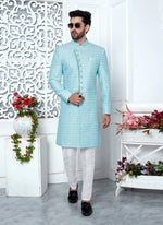 Thumbnail for Raivat Ethnic Mens Art Silk Thread Work Indo Western In Blue Colour - Dista