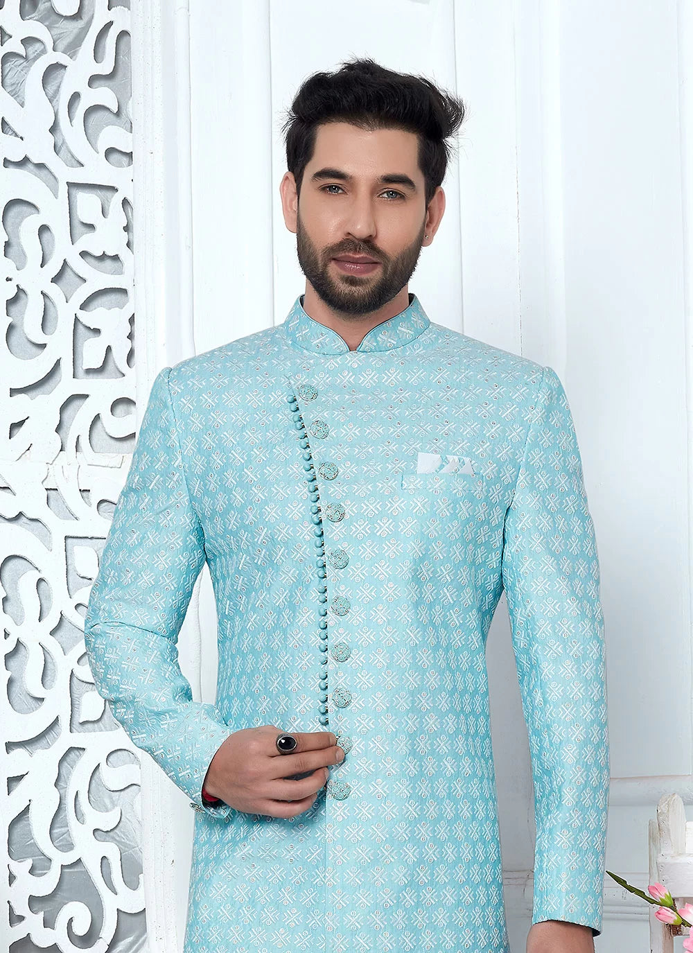 Raivat Ethnic Mens Art Silk Thread Work Indo Western In Blue Colour - Dista