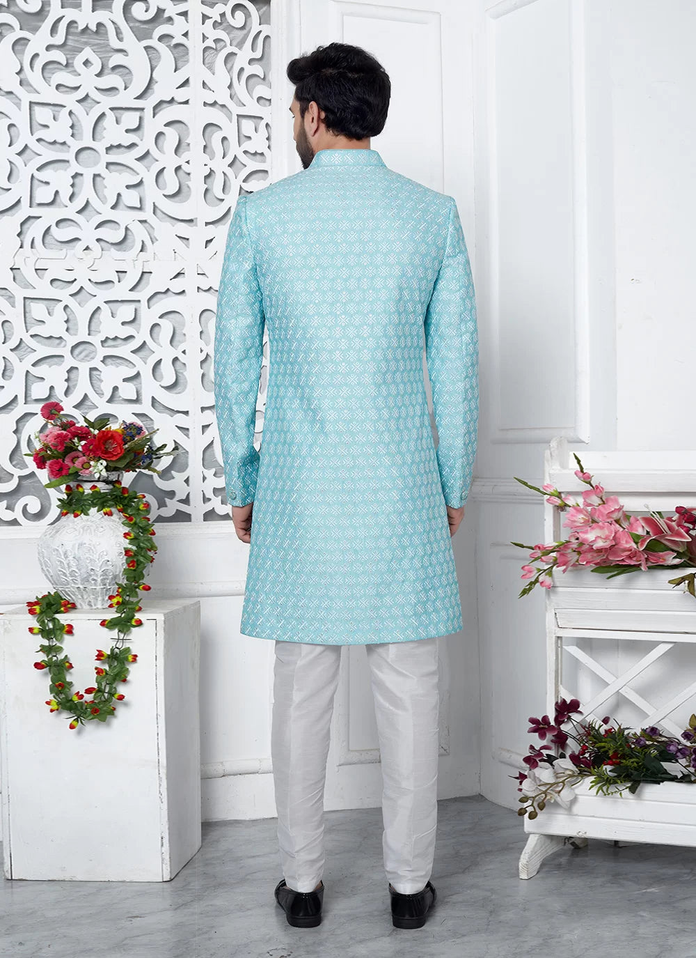 Raivat Ethnic Mens Art Silk Thread Work Indo Western In Blue Colour - Dista