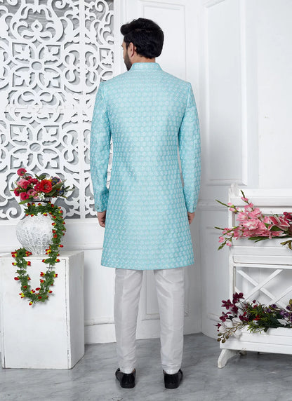 Raivat Ethnic Mens Art Silk Thread Work Indo Western In Blue Colour - Dista