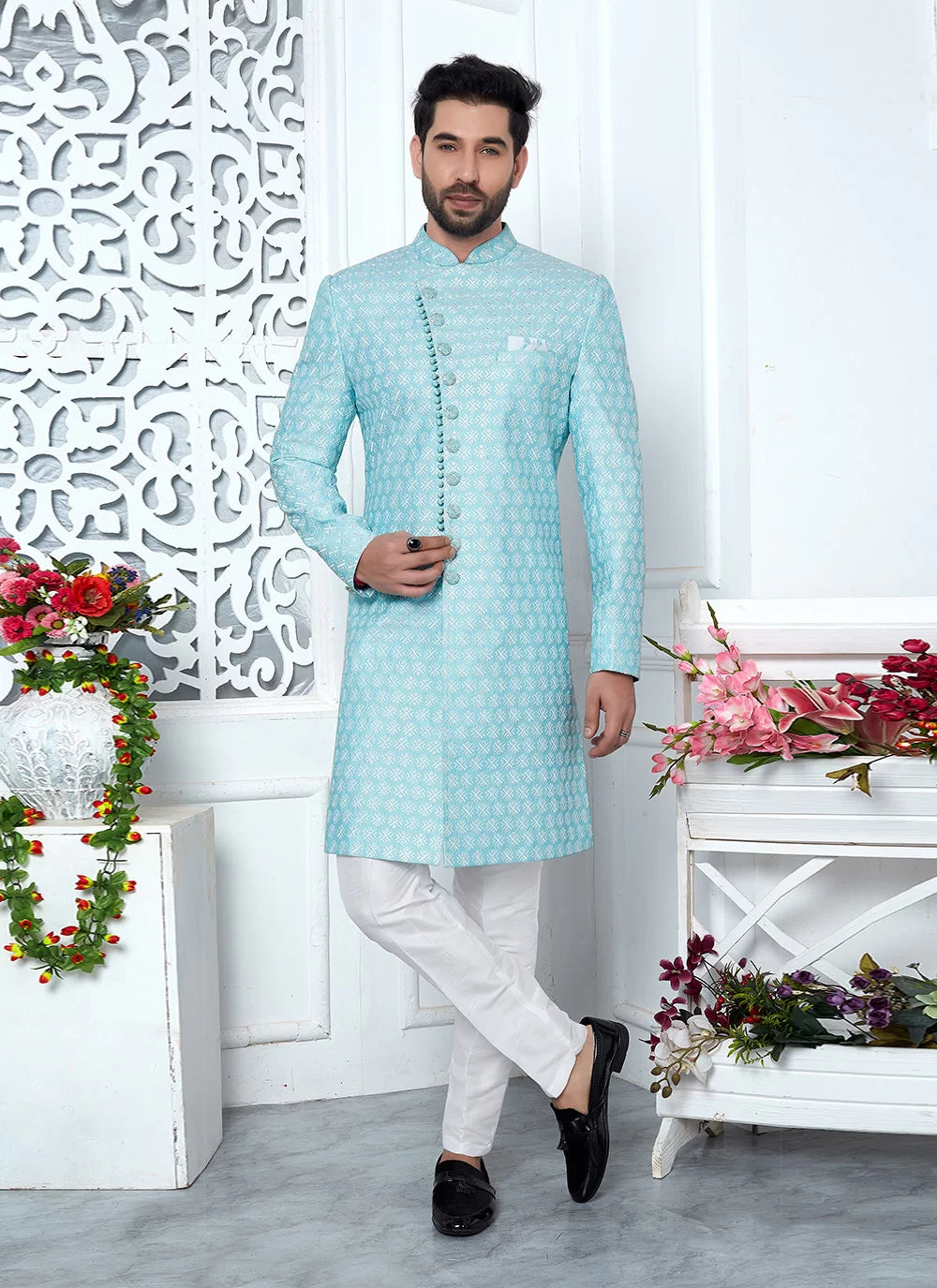 Raivat Ethnic Mens Art Silk Thread Work Indo Western In Blue Colour - Dista