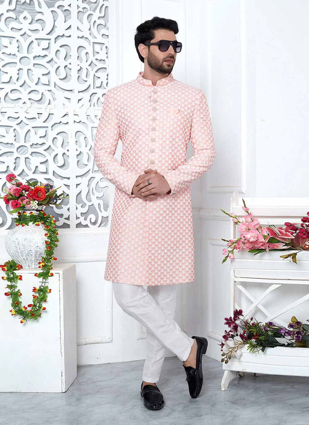 Raivat Ethnic Mens Art Silk Thread Work Indo Western In Peach Colour - Dista