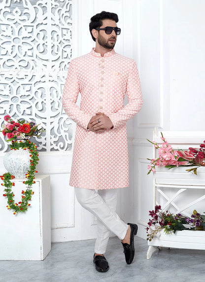 Raivat Ethnic Mens Art Silk Thread Work Indo Western In Peach Colour - Dista