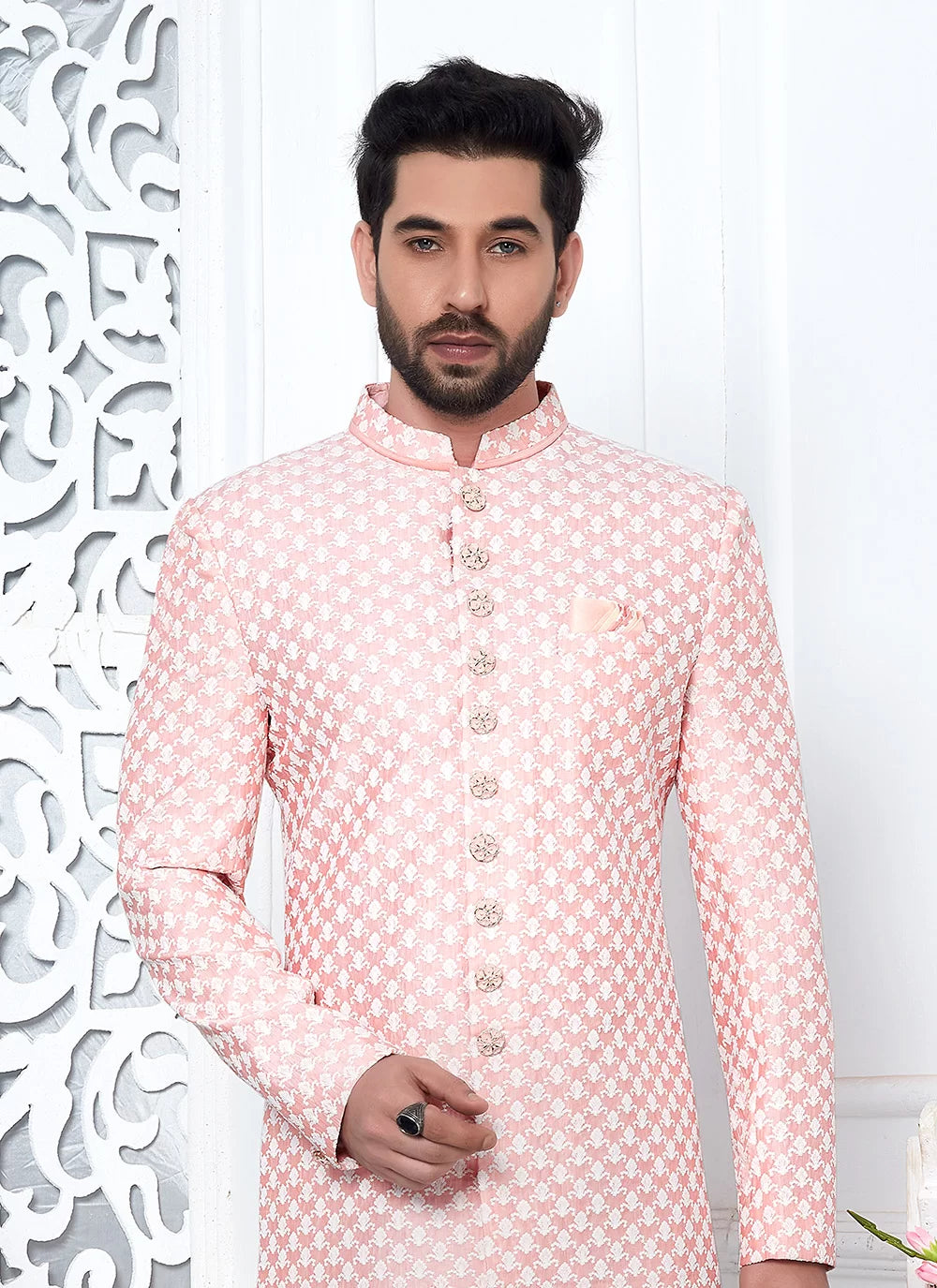 Raivat Ethnic Mens Art Silk Thread Work Indo Western In Peach Colour - Dista