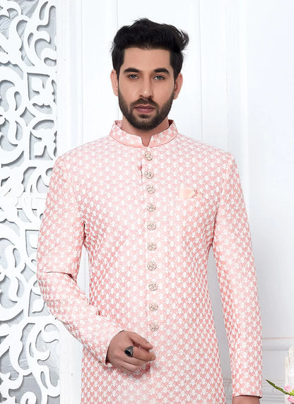 Raivat Ethnic Mens Art Silk Thread Work Indo Western In Peach Colour - Dista