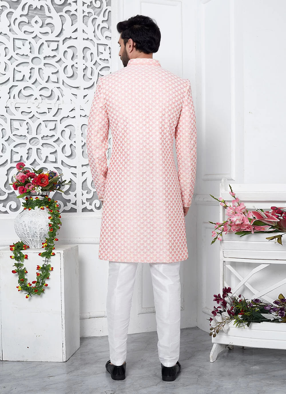 Raivat Ethnic Mens Art Silk Thread Work Indo Western In Peach Colour - Dista
