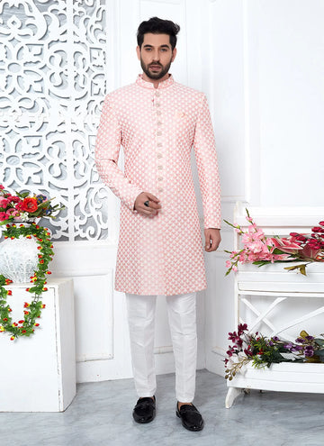 Raivat Ethnic Mens Art Silk Thread Work Indo Western In Peach Colour - Dista