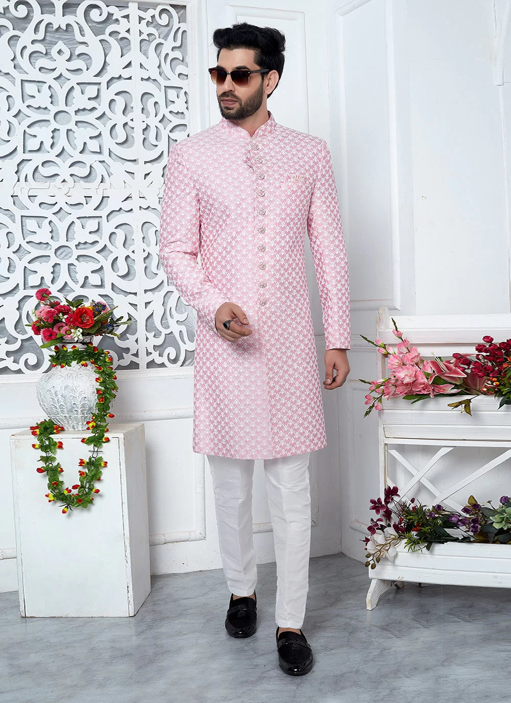 Raivat Ethnic Mens Art Silk Thread Work Indo Western In Pink Colour - Dista