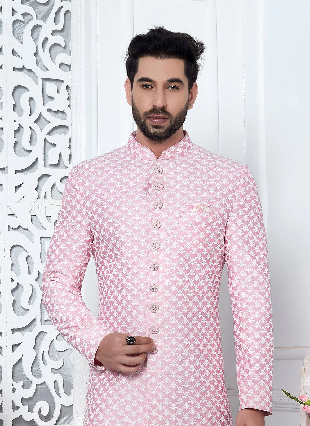 Raivat Ethnic Mens Art Silk Thread Work Indo Western In Pink Colour - Dista