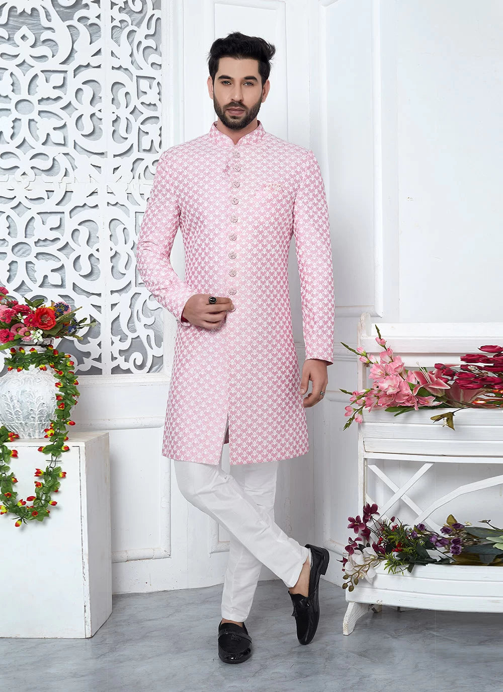 Raivat Ethnic Mens Art Silk Thread Work Indo Western In Pink Colour - Dista