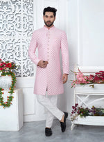 Thumbnail for Raivat Ethnic Mens Art Silk Thread Work Indo Western In Pink Colour - Dista