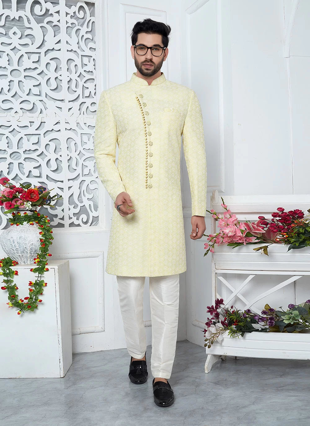 Raivat Ethnic Mens Art Silk Thread Work Indo Western In Yellow Colour - Dista