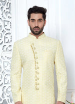 Thumbnail for Raivat Ethnic Mens Art Silk Thread Work Indo Western In Yellow Colour - Dista