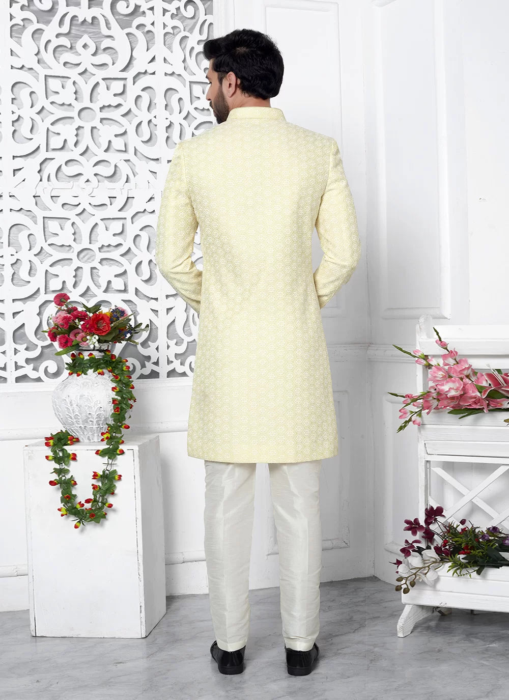 Raivat Ethnic Mens Art Silk Thread Work Indo Western In Yellow Colour - Dista