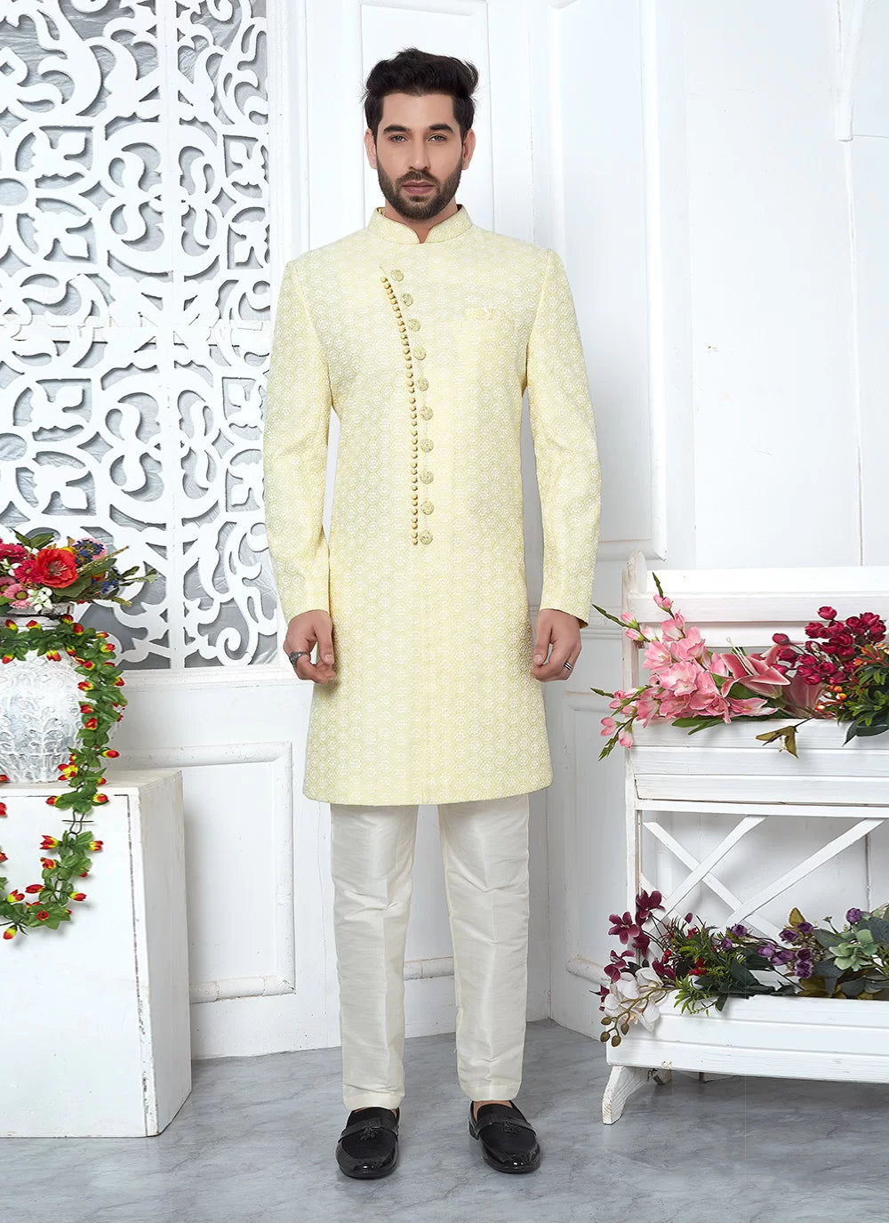 Raivat Ethnic Mens Art Silk Thread Work Indo Western In Yellow Colour - Dista