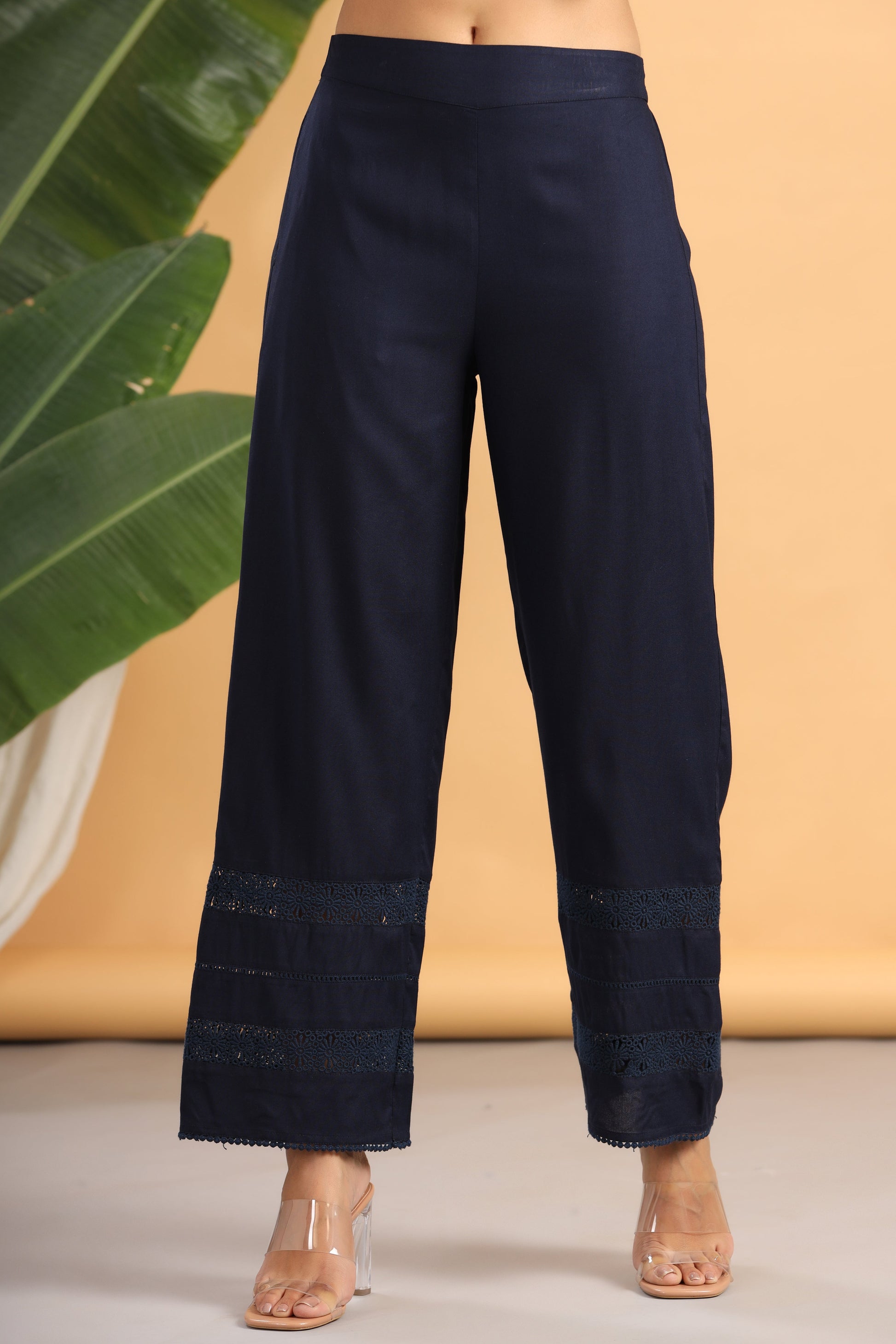 Juniper Navy Blue Solid Rayon Flared Ankle-Length Palazzo - Distacart