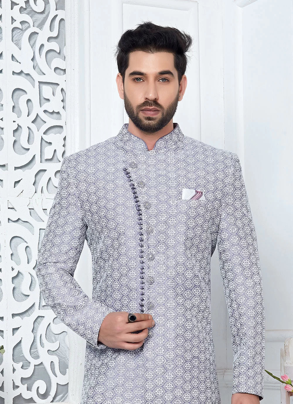 Raivat Ethnic Mens Art Silk Thread Work Indo Western In Purple Colour - Dista