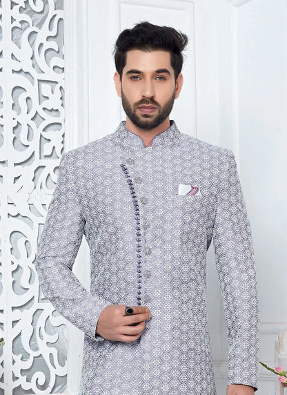 Raivat Ethnic Mens Art Silk Thread Work Indo Western In Purple Colour - Dista