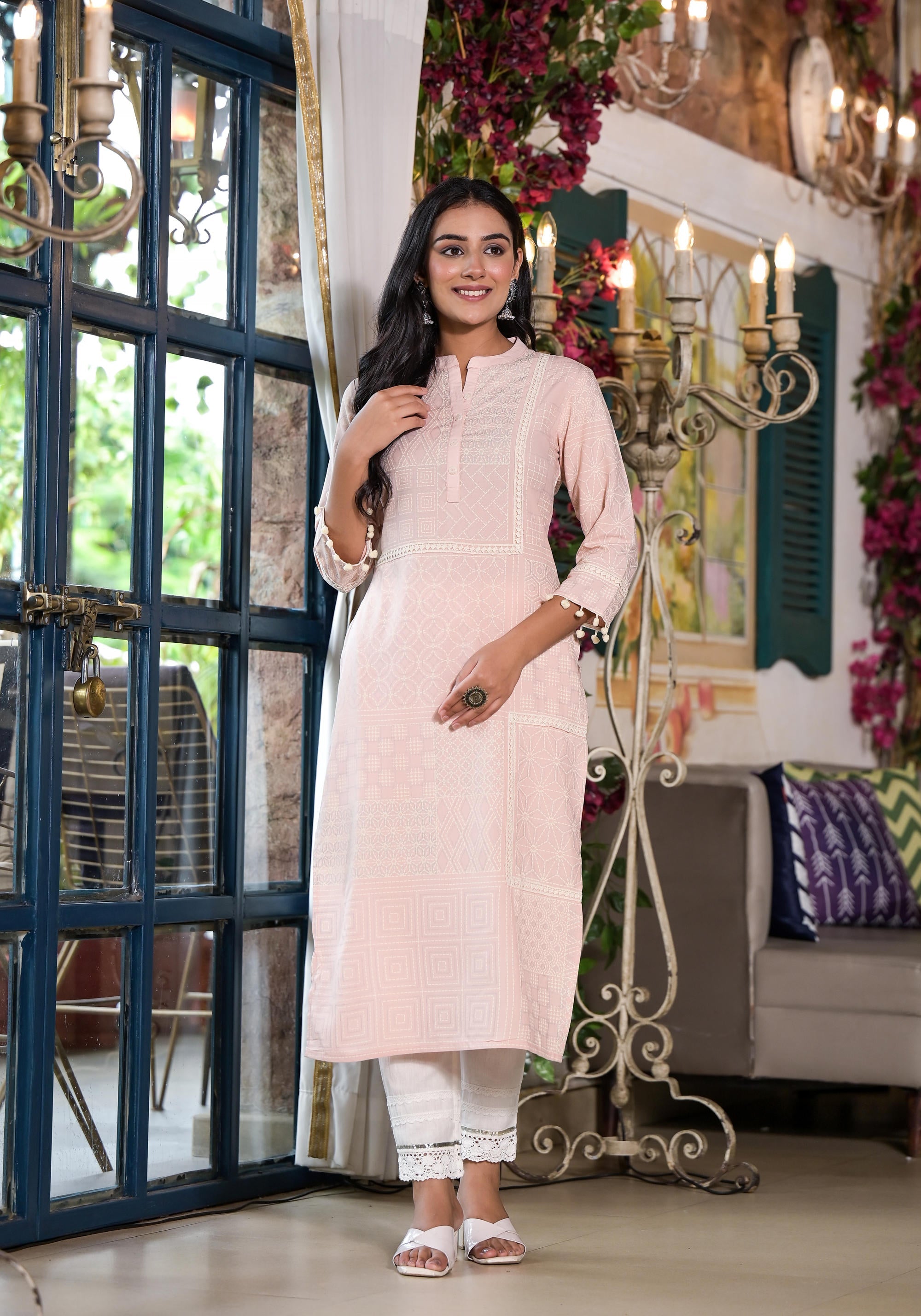 Juniper Women's Peach Ethnic Motif Printed Liva Rayon Kurta With Tassels & Buttons - Distacart