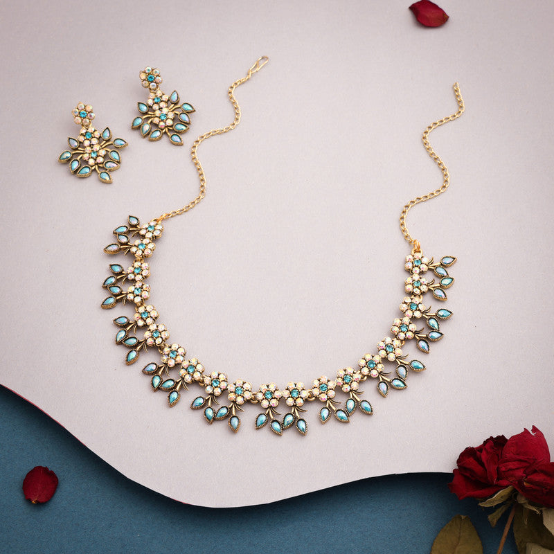 Tehzeeb Creations Gold-Polished Sky Blue Colour Choker With Dangle Earrings - Distacart