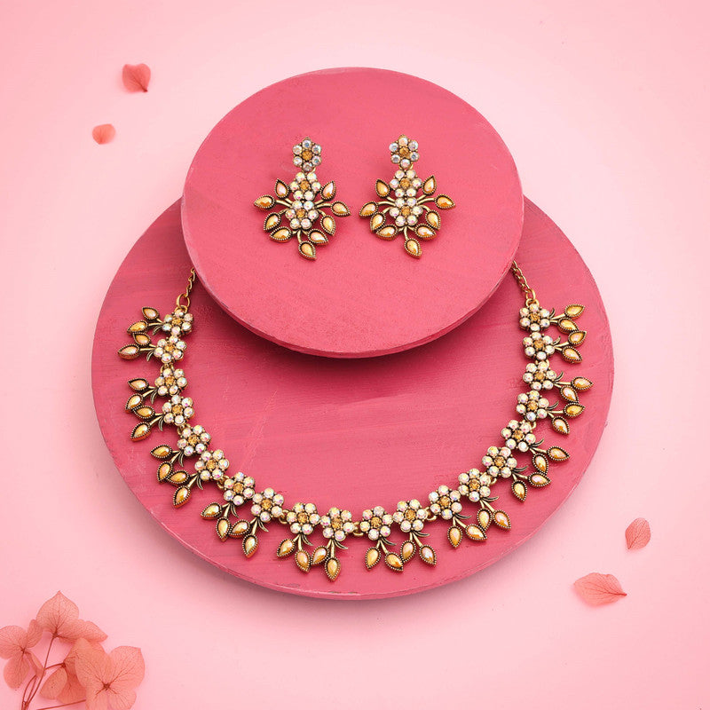 Tehzeeb Creations Gold-Polished Yellow Colour Choker With Dangle Earrings - Distacart