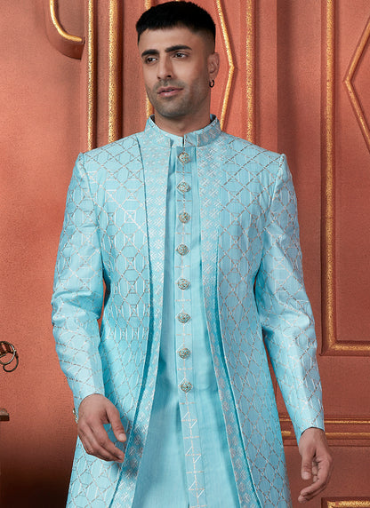 Raivat Ethnic Mens Art Silk Thread Work Indo Western In Sky Blue Colour - Dista