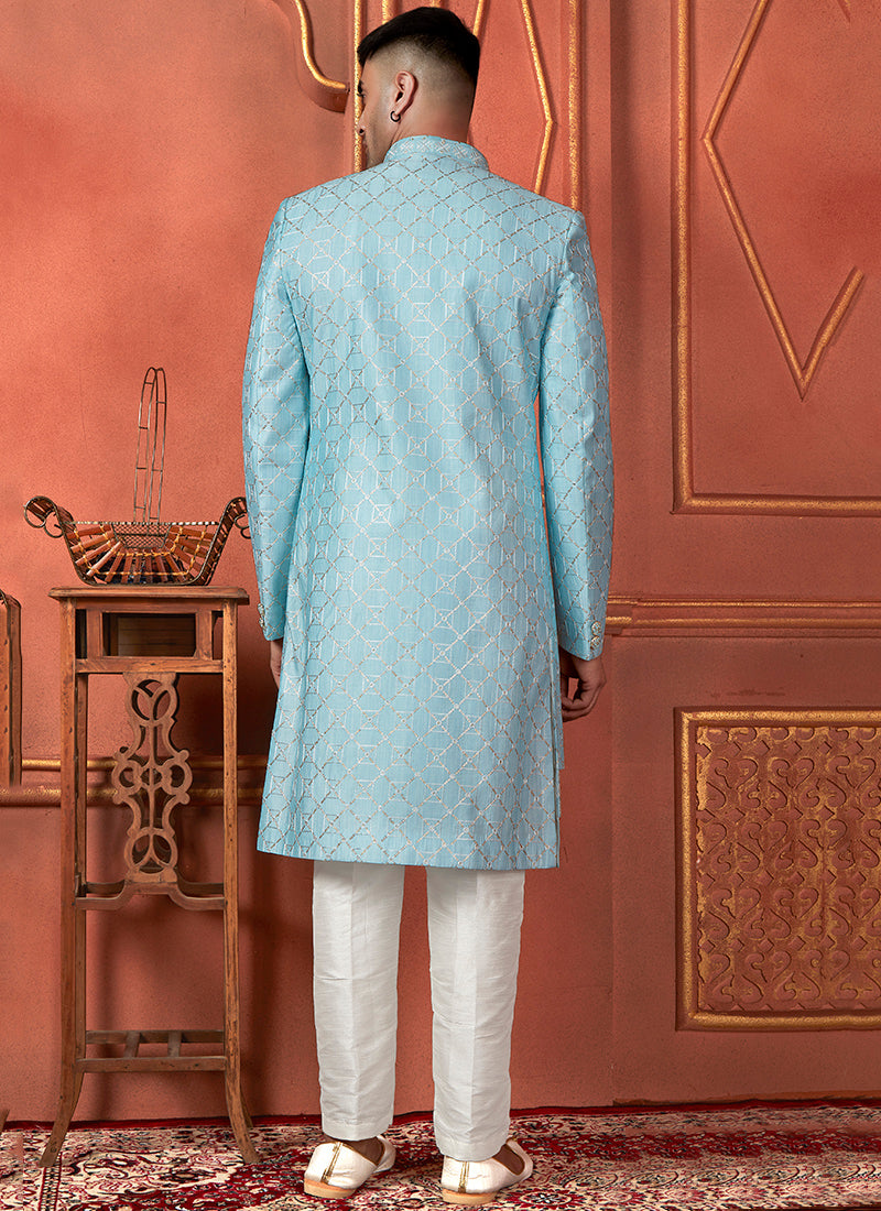 Raivat Ethnic Mens Art Silk Thread Work Indo Western In Sky Blue Colour - Dista