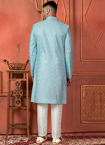 Raivat Ethnic Mens Art Silk Thread Work Indo Western In Sky Blue Colour - Dista