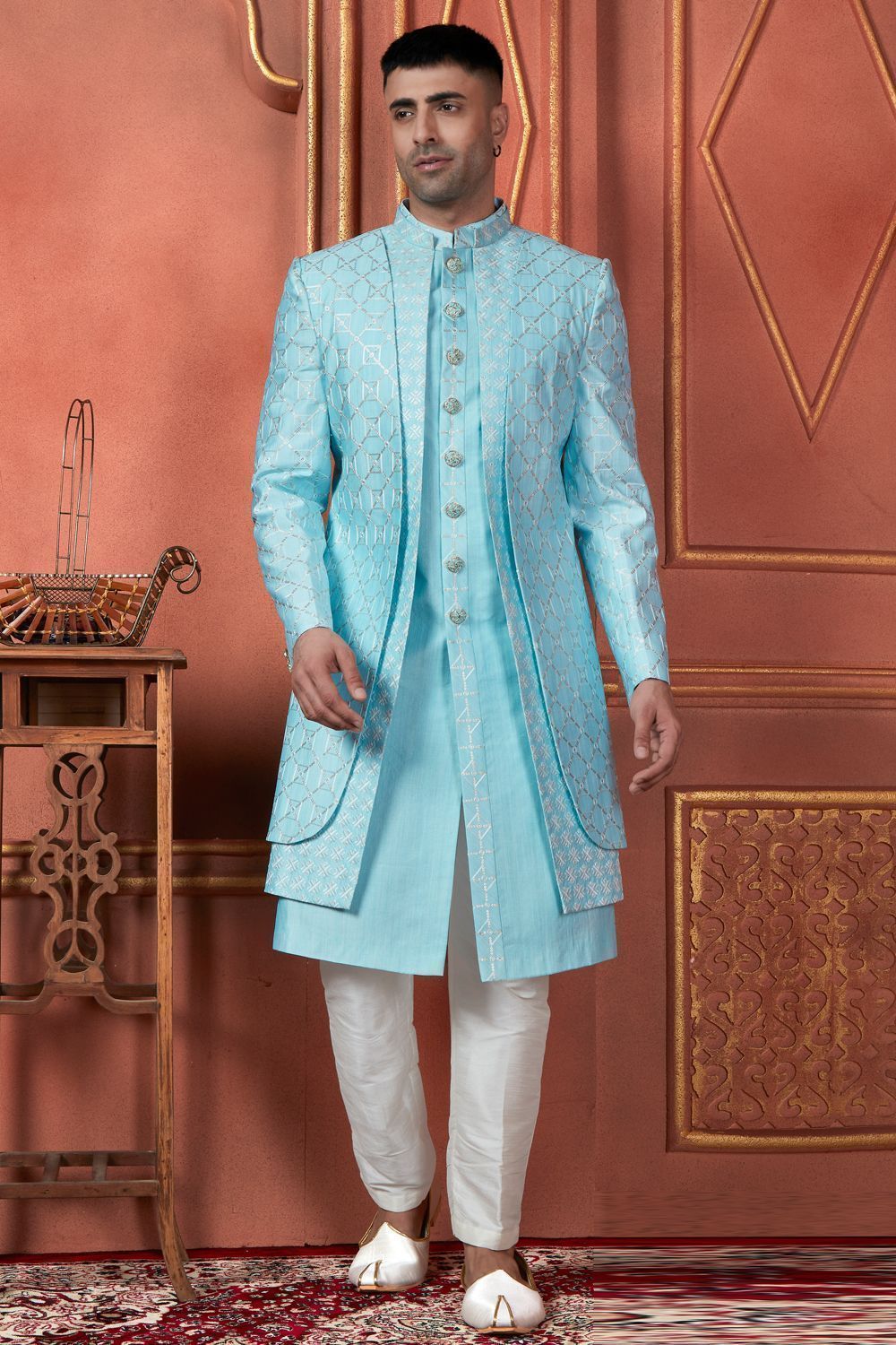 Raivat Ethnic Mens Art Silk Thread Work Indo Western In Sky Blue Colour - Dista