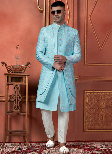 Raivat Ethnic Mens Art Silk Thread Work Indo Western In Sky Blue Colour - Dista