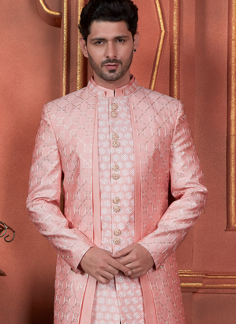 Raivat Ethnic Mens Art Silk Thread Work Indo Western In Pink Colour - Dista