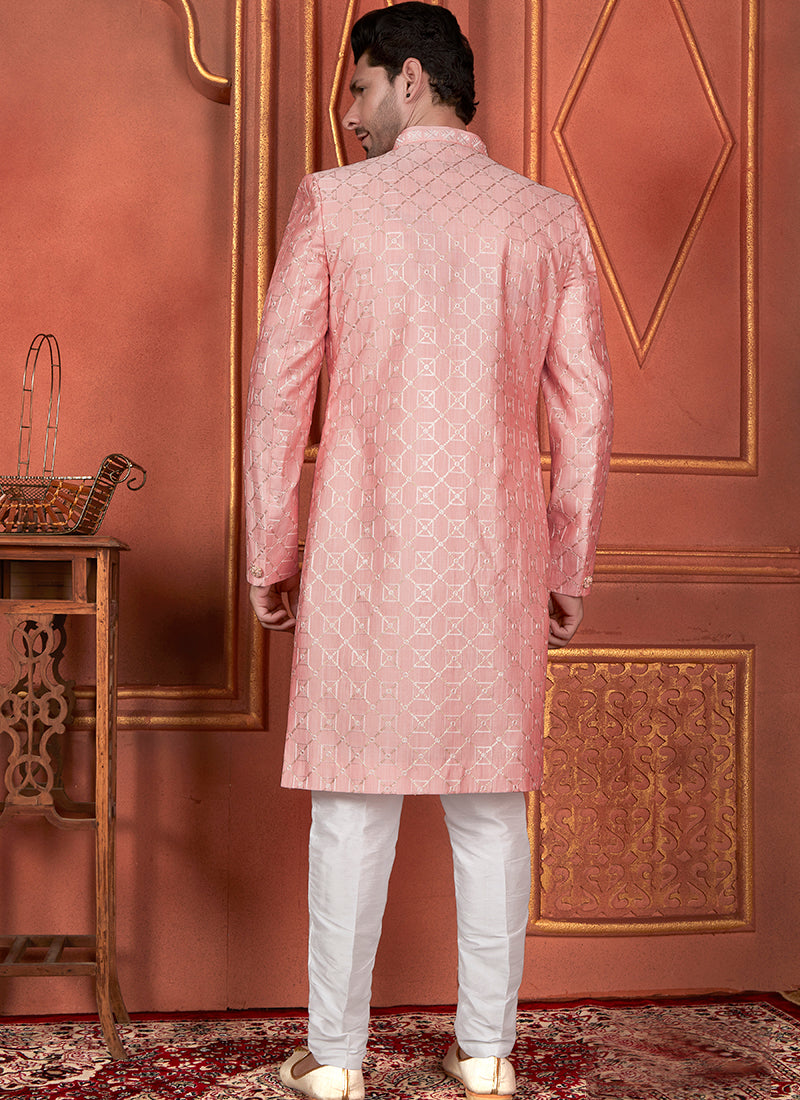 Raivat Ethnic Mens Art Silk Thread Work Indo Western In Pink Colour - Dista