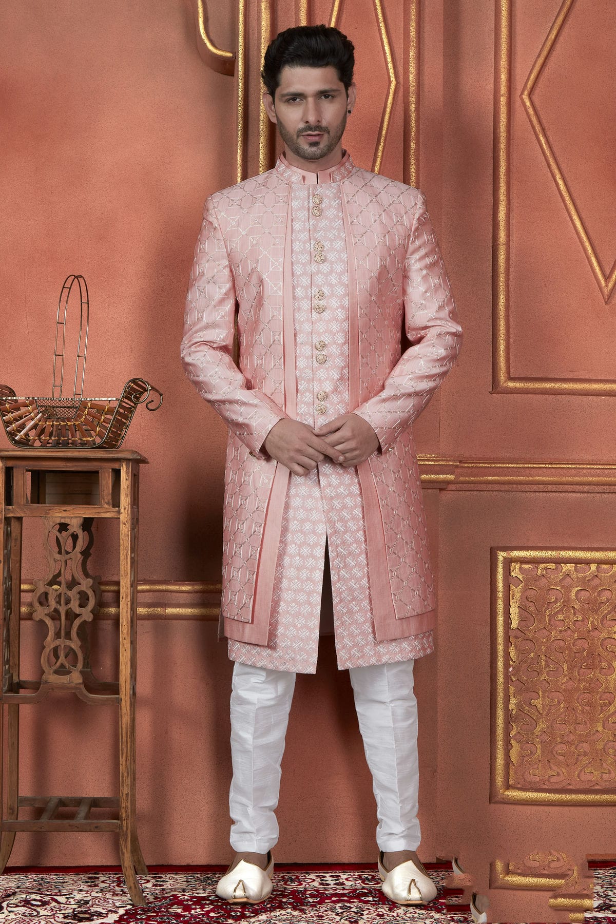 Raivat Ethnic Mens Art Silk Thread Work Indo Western In Pink Colour - Dista