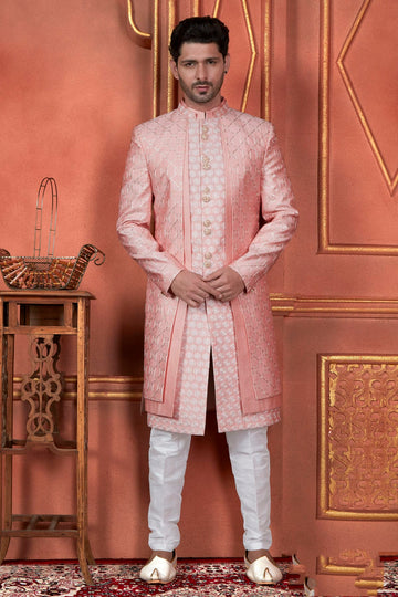 Raivat Ethnic Mens Art Silk Thread Work Indo Western In Pink Colour - Dista