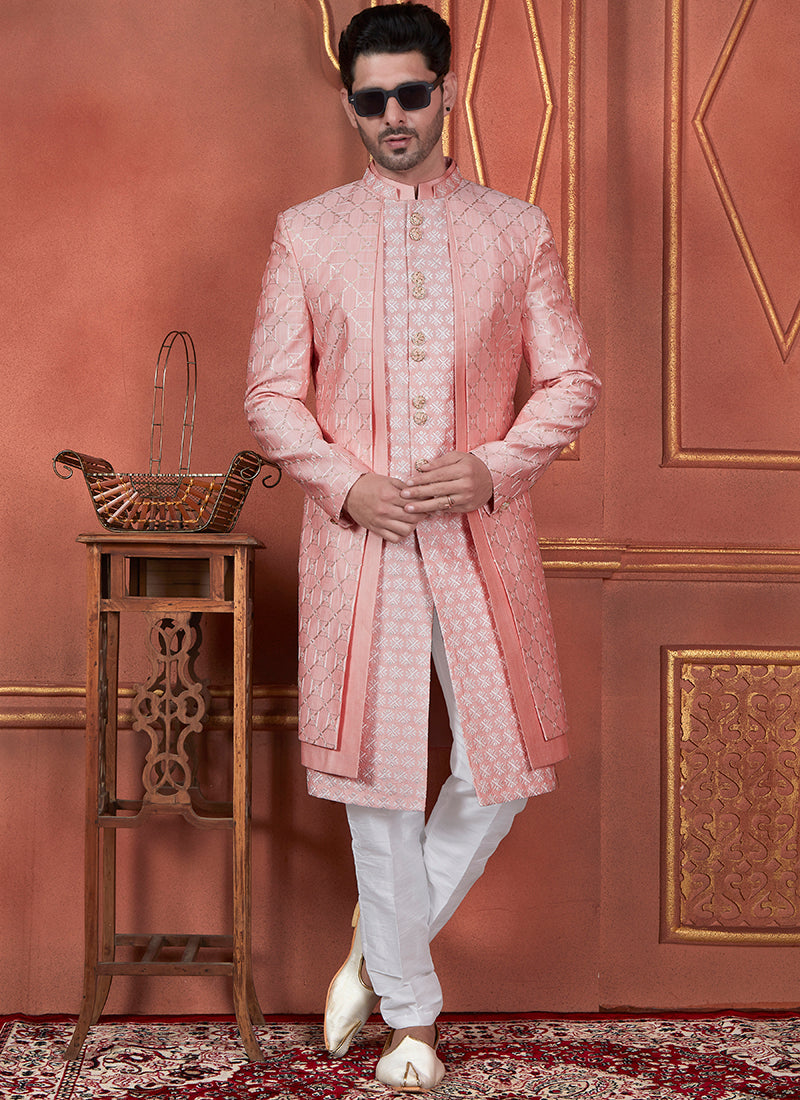 Raivat Ethnic Mens Art Silk Thread Work Indo Western In Pink Colour - Dista