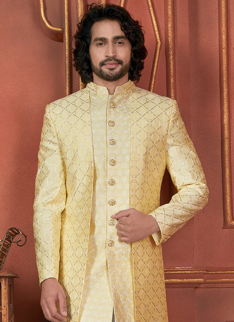 Raivat Ethnic Mens Art Silk Thread Work Indo Western In Yellow Colour - Dista