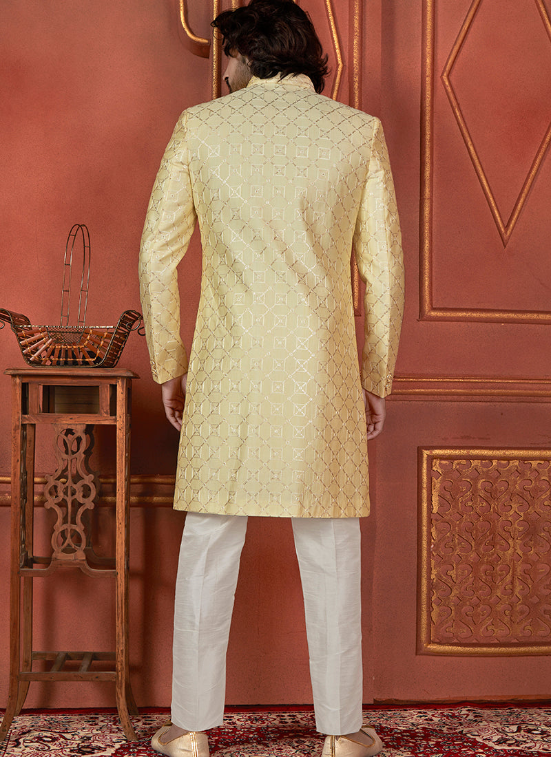 Raivat Ethnic Mens Art Silk Thread Work Indo Western In Yellow Colour - Dista