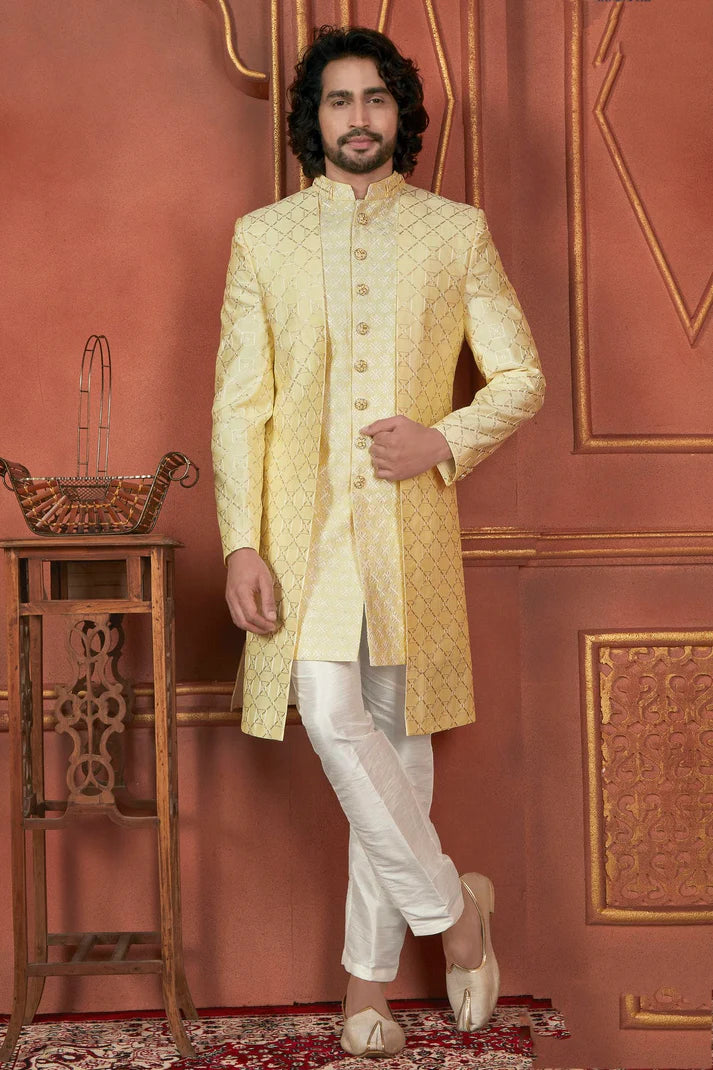 Raivat Ethnic Mens Art Silk Thread Work Indo Western In Yellow Colour - Dista