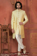 Thumbnail for Raivat Ethnic Mens Art Silk Thread Work Indo Western In Yellow Colour - Dista