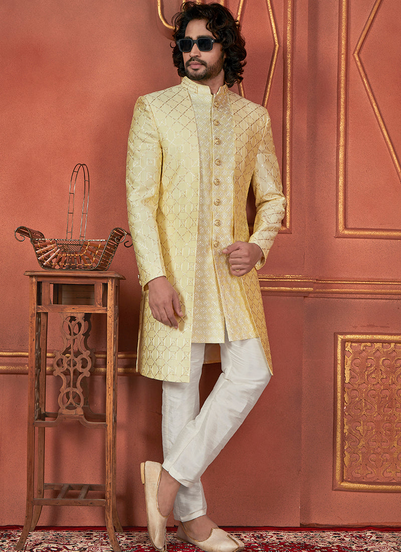 Raivat Ethnic Mens Art Silk Thread Work Indo Western In Yellow Colour - Dista