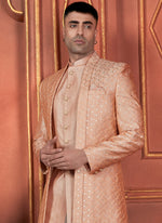Thumbnail for Raivat Ethnic Mens Art Silk Thread Work Indo Western In Dusty Peach Colour - Dista