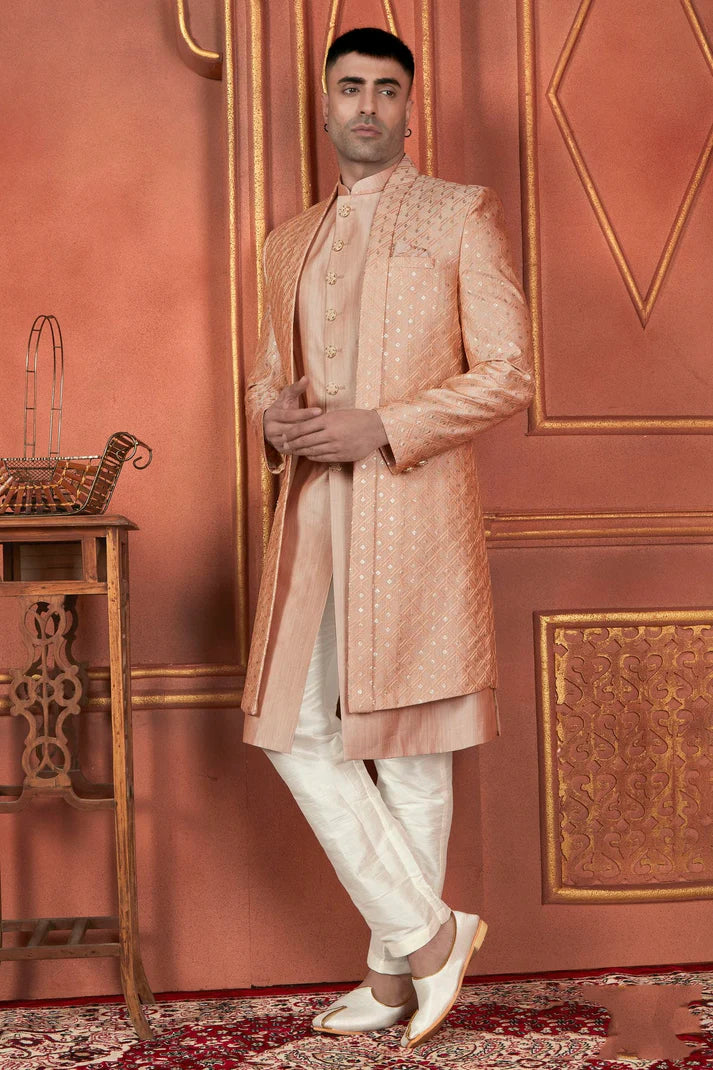 Raivat Ethnic Mens Art Silk Thread Work Indo Western In Dusty Peach Colour - Dista